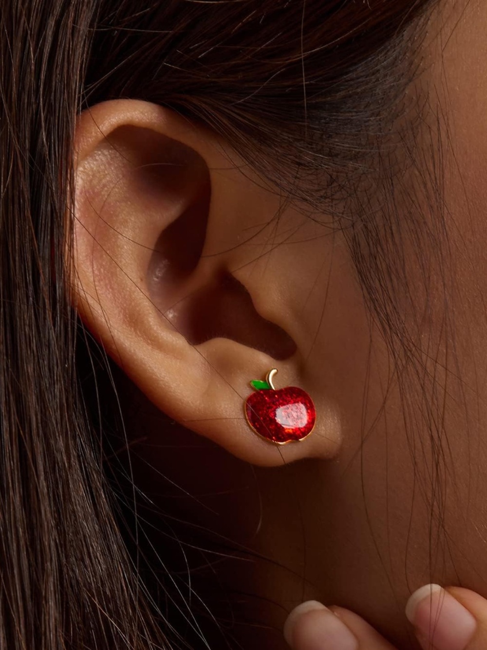 Red Apple Enamel Stud Earrings with Green Leaf